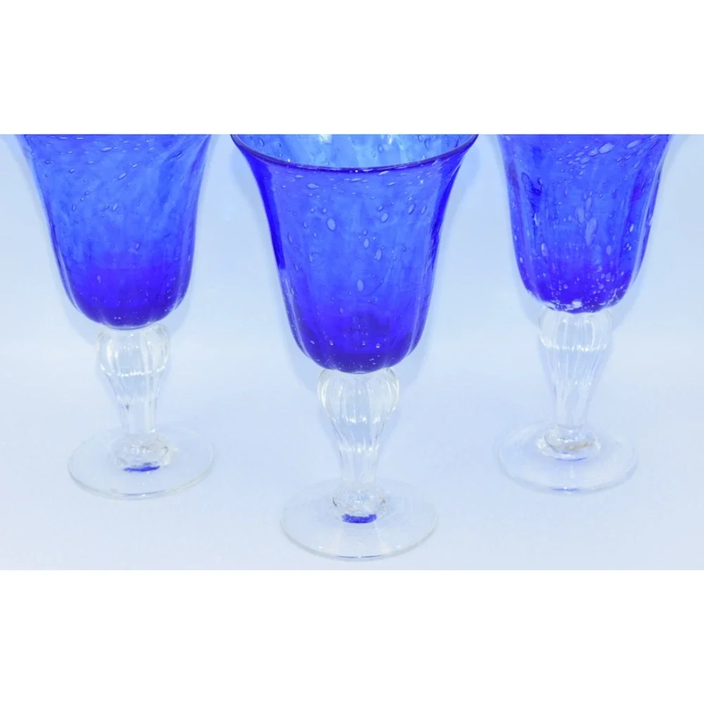 Val De Pome Christophe Saba Biot Seeded Blue Wine/Water Stemware Goblets France
